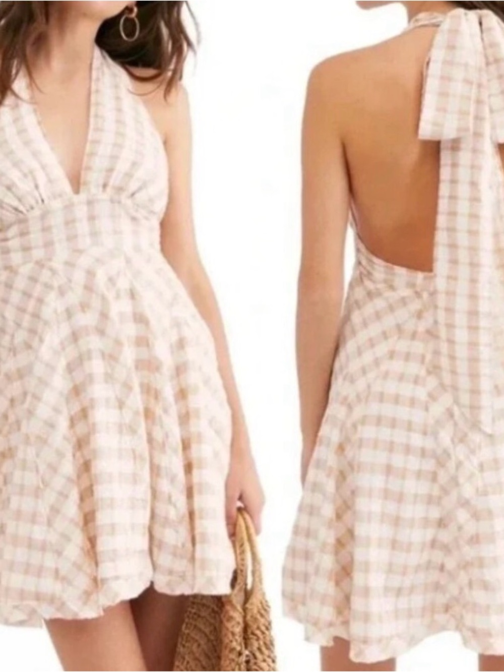 Free People Plaid Halter Backless Mini Dress in Cream and Pink